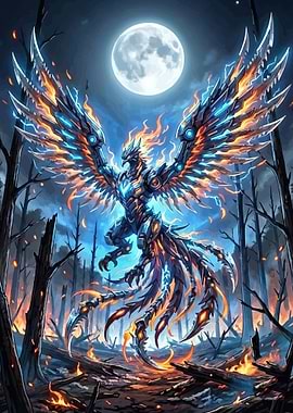 Cybernetic Phoenix in Moonlit Forest