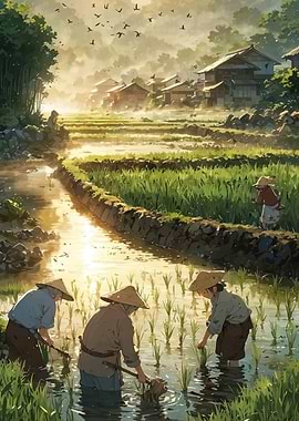 Farmers working in rice paddies at sunrise