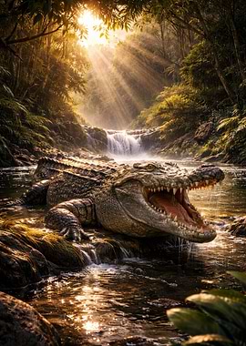 Crocodile in a jungle waterfall