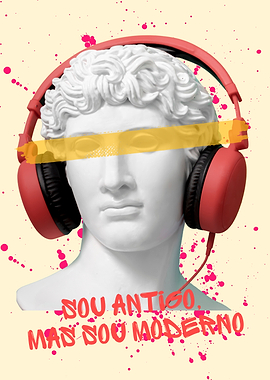 Statue with Headphones and Text