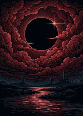 Dark Eclipse Over Red Clouds and Water