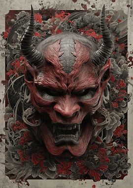 Demonic Oni Mask with Floral Accents
