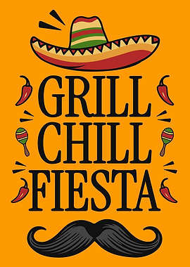 Grill Chill Fiesta Poster – Funny BBQ Party Sombrero Vintage Art