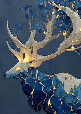 Enchanted Stag with Blue and Gold Mosaic