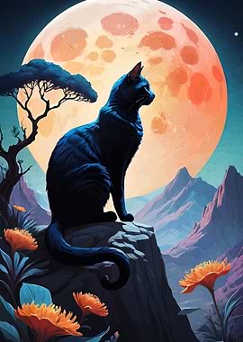 Black Cat Under a Giant Moon