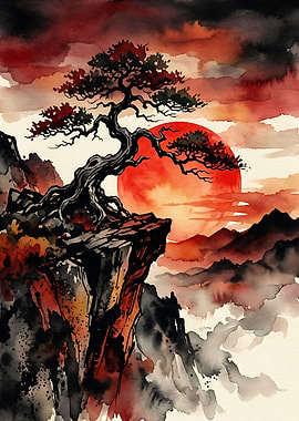 Japanese Watercolor Wall Art, Dark Ink Landscape Poster, Zen Mountain Decor