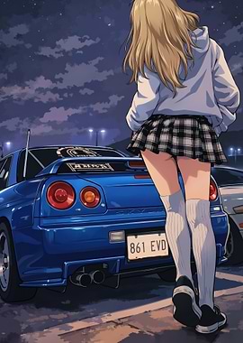 Anime Girl and Blue skyline gtr r34 Sports Car