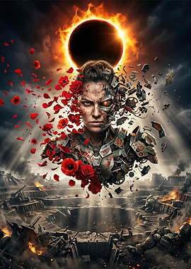 Cyborg Warrior Amidst War and Eclipse