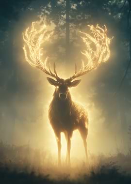Glowing Stag in Misty Forest
