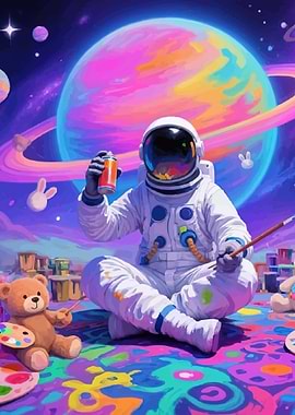 Astronaut painting in space with teddy bear