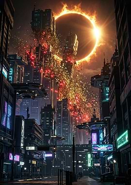 Cyberpunk Cityscape with Solar Eclipse