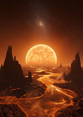 Alien Lava Landscape with Giant Sun
