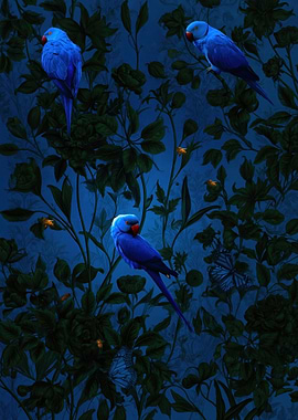 Blue Parrots in a Dark Floral Garden
