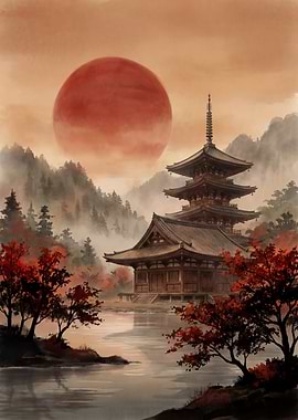 Japanese Landscape with Temple and Sun