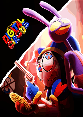 The Amazing Digital Circus Characters with Gun and Corn