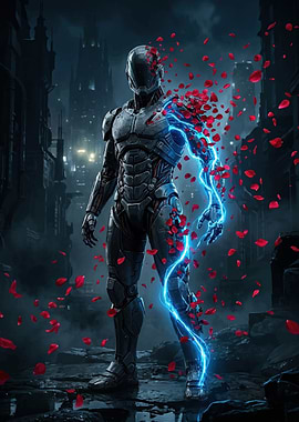Robot with Red Petals and Blue Lightning