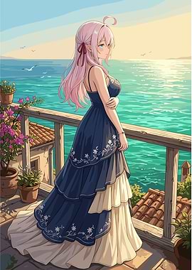 Anime Girl on Balcony Overlooking Ocean