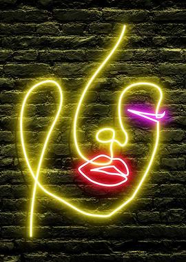 Beautiful Woman Neon Face Line Art on a dark Brick Wall Background