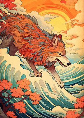 Mythical Wolf Riding a Wave