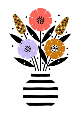 Abstract Floral Arrangement in Striped Vase