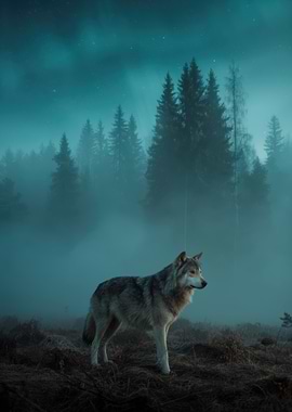 Wolf in a Misty Forest