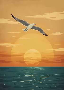 Seagull flying over the Sea at sunset