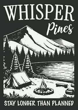 Whisper Pines Mountain Camping Poster – Vintage Forest Lake Campfire Scene