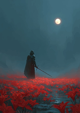 Knight in a field of red flowers