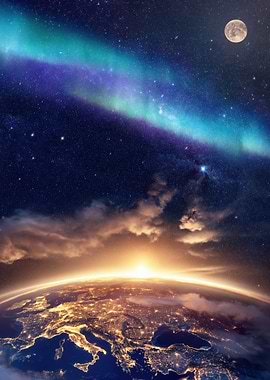 Earth Sunrise with Aurora and Moon