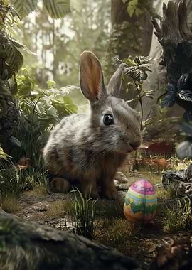 Easter Bunny in a Forest with Egg