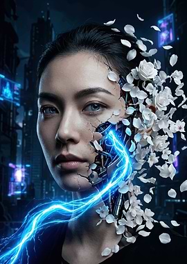 Cyberpunk Woman with Flowers and Lightning