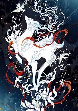 Mythical White Fox Spirit with Birds