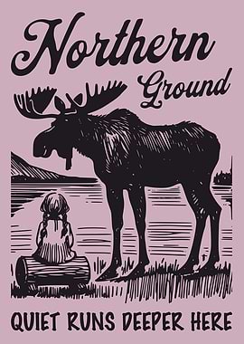 Northern Ground Moose Poster – Quiet Wilderness Lake Vintage Illustration