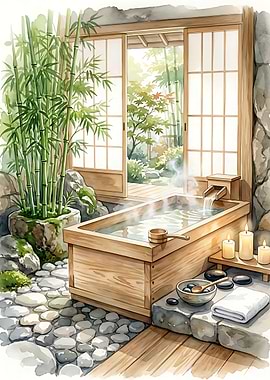Japanese Zen Bathroom — Hinoki Bath Watercolor Print, Japandi Spa Wall Art, Calm Minimalist Home
