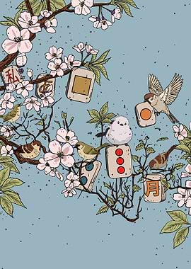 Birds and Cherry Blossoms with Japanese Tiles