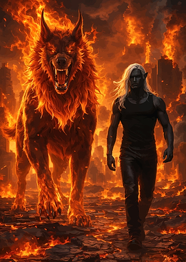 Fiery Wolf and Dark Elf in Burning City