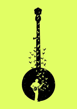 Banjo Player Silhouette with Birds