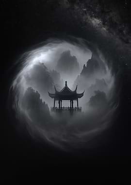 Mystical Asian Pagoda in Foggy Mountains