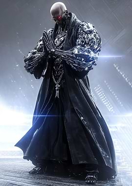 Cybernetic Monk in Futuristic City
