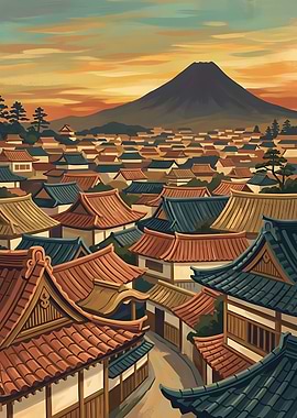 Japanese Town at Sunset — Rooftop Village Wall Art Print, Mount Fuji Background Poster