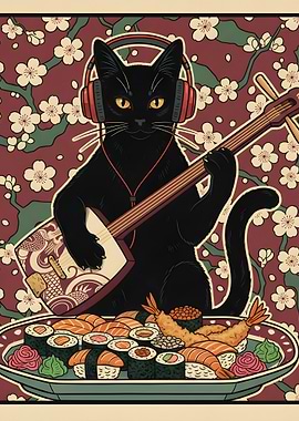 Black Cat Playing Shamisen with Sushi