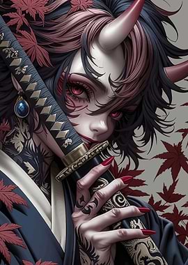 Oni Woman with Katana and Maple Leaves