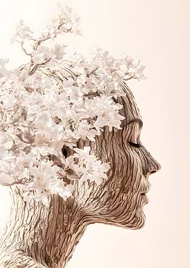 Woman's Face Made of Wood with Flowers