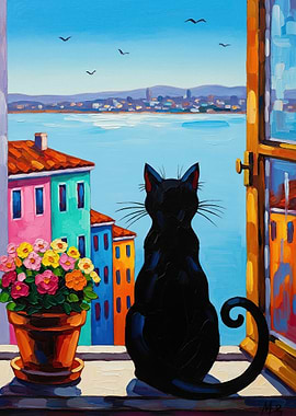 Black Cat Gazing at Cityscape from Window