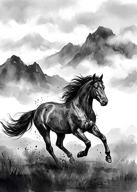 Ink Wash Horse Running Through Mountains