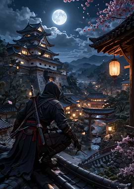 Ninja overlooking a moonlit Japanese village