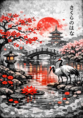 Japanese Garden with Cranes and Cherry Blossoms