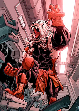 Tiger-like warrior roaring in a spaceship