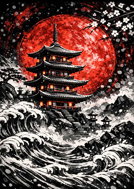 Japanese Pagoda Under a Red Moon