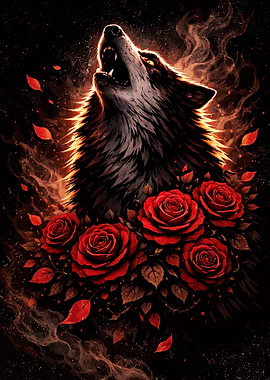 Wolf Howling with Red Roses